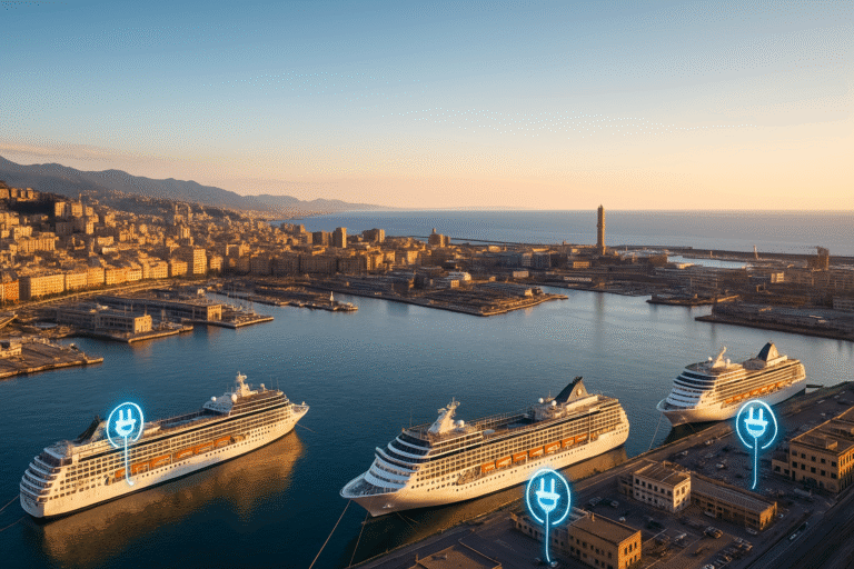 Illustrazione realistica del porto di Genova con navi collegate tramite cold ironing