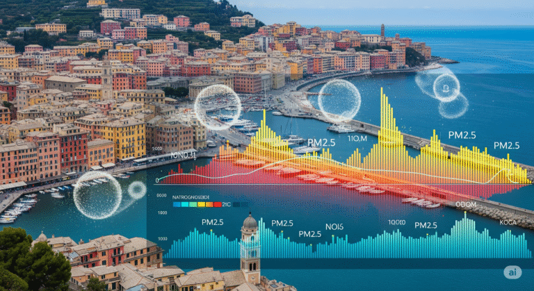 Rappresentazione artistica dello skyline di Genova con una sovrapposizione di grafici e dati che simboleggiano il monitoraggio delle polveri sottili, in linea con il contenuto del bollettino