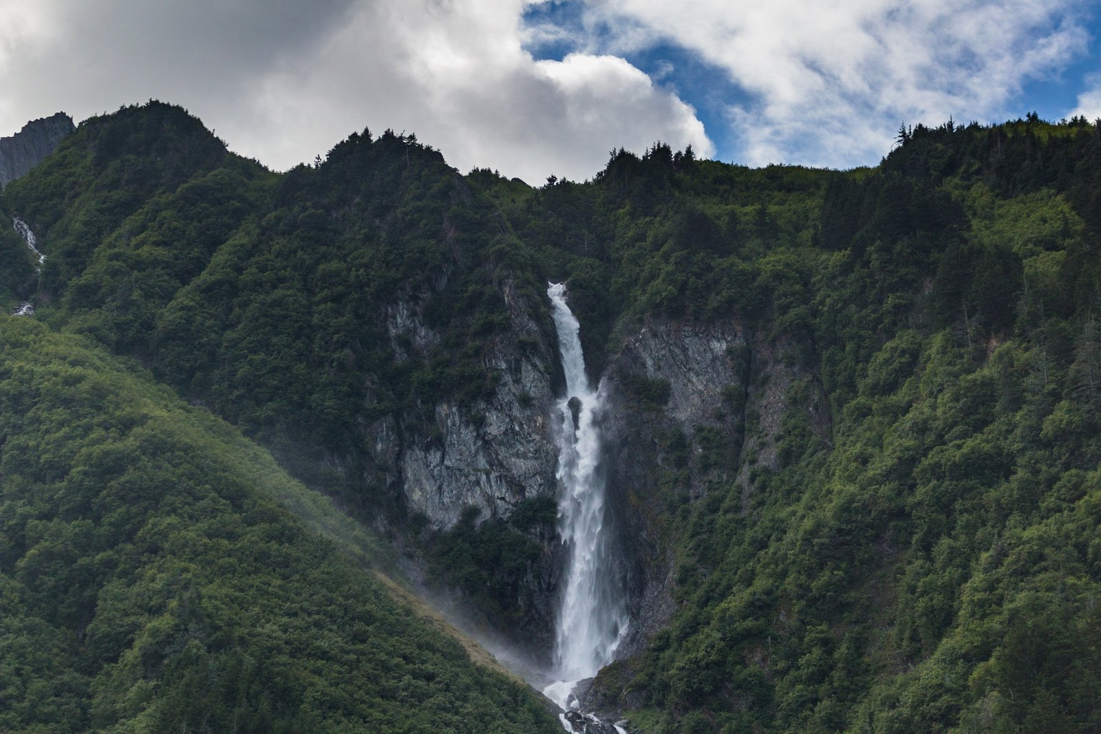 Cascata in una montagna boscosa.